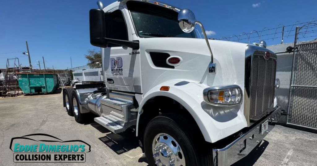 Semi-truck collision repair at Eddie DiMeglio's Collision Experts