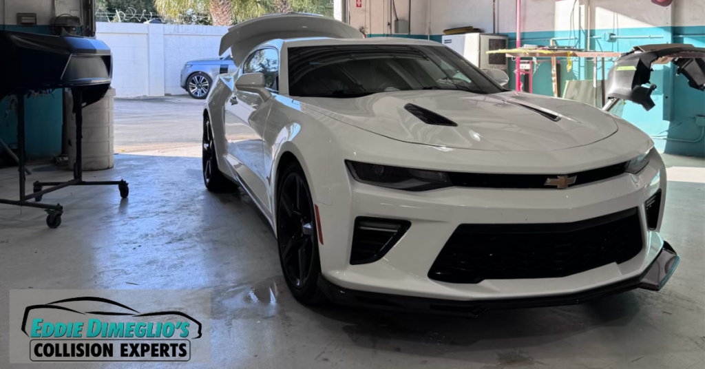 Gray Chevrolet Camaro at Eddie DiMeglio's Collision Experts repair facility in Davie, FL