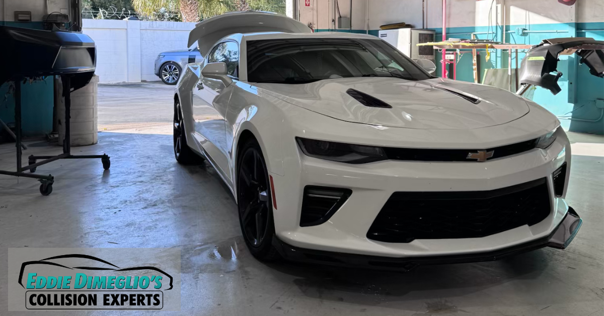 Gray Chevrolet Camaro at Eddie DiMeglio's Collision Experts repair facility in Davie, FL